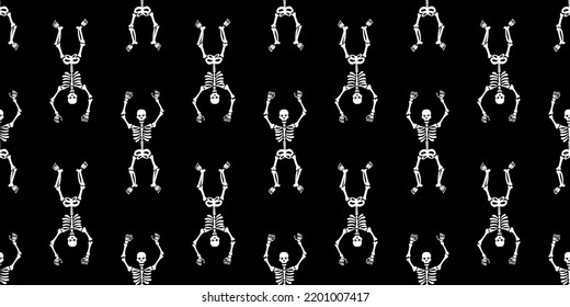 Seamless pattern with black skeletons, vigorously dancing and having fun on a black background. Pattern for Halloween and Day of the Dead