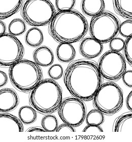 Seamless pattern with black sketch hand drawn pencil scribble ellipse shape on white background. Abstract grunge texture. Vector illustration