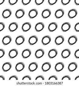 Seamless pattern with black sketch hand drawn pencil scribble ellipse shape on white background. Abstract grunge texture. Vector illustration