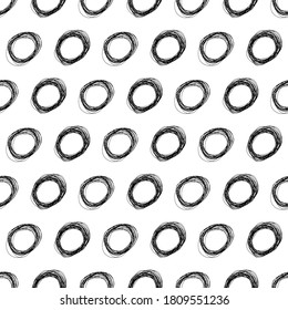 Seamless pattern with black sketch hand drawn pencil scribble ellipse shape on white background. Abstract grunge texture. Vector illustration