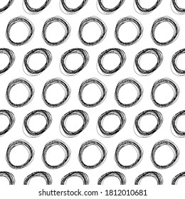 Seamless pattern with black sketch hand drawn pencil scribble ellipse shape on white background. Abstract grunge texture. Vector illustration
