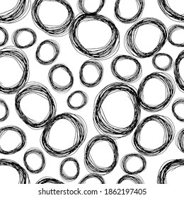 Patrón sin brillo con forma de elipse de lápiz dibujado a mano en un bosquejo negro sobre fondo blanco. Textura de grueso abstracto. Ilustración del vector