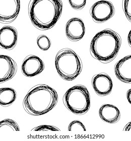 Seamless pattern with black sketch hand drawn pencil scribble ellipse shape on white background. Abstract grunge texture. Vector illustration
