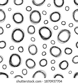 Seamless pattern with black sketch hand drawn pencil scribble ellipse shape on white background. Abstract grunge texture. Vector illustration
