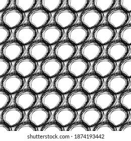 Seamless pattern with black sketch hand drawn pencil scribble ellipse shape on white background. Abstract grunge texture. Vector illustration