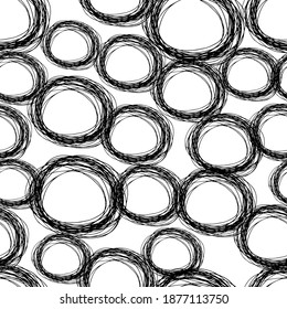 Seamless pattern with black sketch hand drawn pencil scribble ellipse shape on white background. Abstract grunge texture. Vector illustration