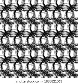 Seamless pattern with black sketch hand drawn pencil scribble ellipse shape on white background. Abstract grunge texture. Vector illustration
