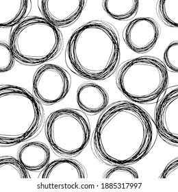 Seamless pattern with black sketch hand drawn pencil scribble ellipse shape on white background. Abstract grunge texture. Vector illustration