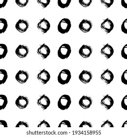 Seamless pattern with black sketch hand drawn brush scribble circles shape on white background. Abstract grunge texture. Vector illustration