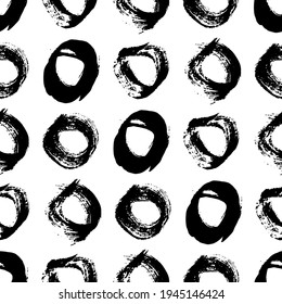 Seamless pattern with black sketch hand drawn brush scribble circles shape on white background. Abstract grunge texture. Vector illustration