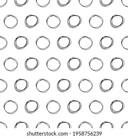 Seamless pattern with black sketch hand drawn brush scribble circles shape on white background. Abstract grunge texture. Vector illustration