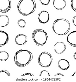 Seamless pattern with black sketch hand drawn brush scribble circles shape on white background. Abstract grunge texture. Vector illustration