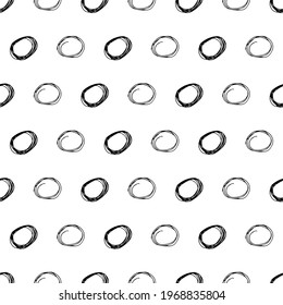 Seamless pattern with black sketch hand drawn brush scribble circles shape on white background. Abstract grunge texture. Vector illustration