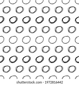 Seamless pattern with black sketch hand drawn brush scribble circles shape on white background. Abstract grunge texture. Vector illustration