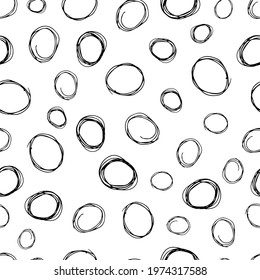 Seamless pattern with black sketch hand drawn brush scribble circles shape on white background. Abstract grunge texture. Vector illustration