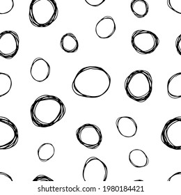 Seamless pattern with black sketch hand drawn brush scribble circles shape on white background. Abstract grunge texture. Vector illustration