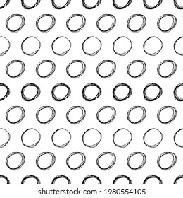 Seamless pattern with black sketch hand drawn brush scribble circles shape on white background. Abstract grunge texture. Vector illustration