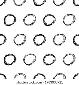 Seamless pattern with black sketch hand drawn brush scribble circles shape on white background. Abstract grunge texture. Vector illustration