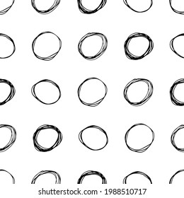 Seamless pattern with black sketch hand drawn brush scribble circles shape on white background. Abstract grunge texture. Vector illustration