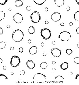 Seamless pattern with black sketch hand drawn brush scribble circles shape on white background. Abstract grunge texture. Vector illustration