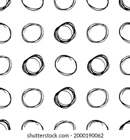 Seamless pattern with black sketch hand drawn brush scribble circles shape on white background. Abstract grunge texture. Vector illustration