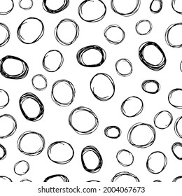 Seamless pattern with black sketch hand drawn brush scribble circles shape on white background. Abstract grunge texture. Vector illustration