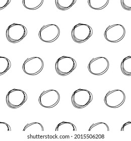 Seamless pattern with black sketch hand drawn brush scribble circles shape on white background. Abstract grunge texture. Vector illustration