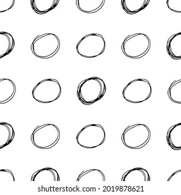 Seamless pattern with black sketch hand drawn brush scribble circles shape on white background. Abstract grunge texture. Vector illustration