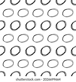 Seamless pattern with black sketch hand drawn brush scribble circles shape on white background. Abstract grunge texture. Vector illustration