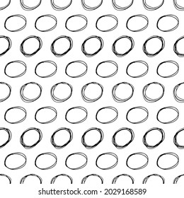 Seamless pattern with black sketch hand drawn brush scribble circles shape on white background. Abstract grunge texture. Vector illustration