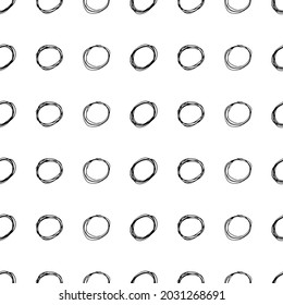 Seamless pattern with black sketch hand drawn brush scribble circles shape on white background. Abstract grunge texture. Vector illustration