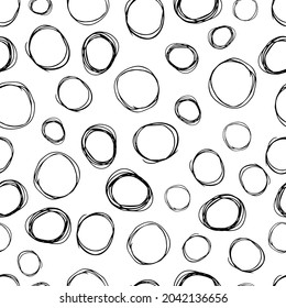 Seamless pattern with black sketch hand drawn brush scribble circles shape on white background. Abstract grunge texture. Vector illustration