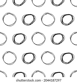 Seamless pattern with black sketch hand drawn brush scribble circles shape on white background. Abstract grunge texture. Vector illustration