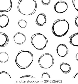 Seamless pattern with black sketch hand drawn brush scribble circles shape on white background. Abstract grunge texture. Vector illustration
