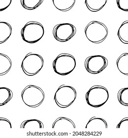 Seamless pattern with black sketch hand drawn brush scribble circles shape on white background. Abstract grunge texture. Vector illustration