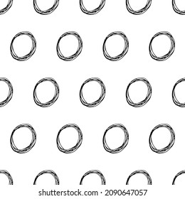 Seamless pattern with black sketch hand drawn brush scribble circles shape on white background. Abstract grunge texture. Vector illustration