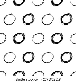 Seamless pattern with black sketch hand drawn brush scribble circles shape on white background. Abstract grunge texture. Vector illustration