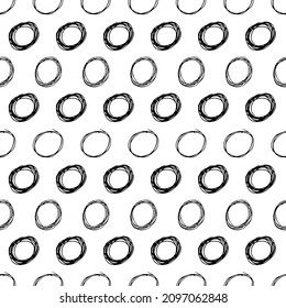 Seamless pattern with black sketch hand drawn brush scribble circles shape on white background. Abstract grunge texture. Vector illustration