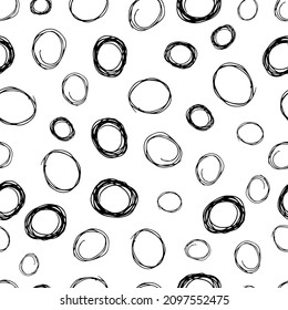 Patrón sin inconvenientes con el boceto negro dibujado a mano forma círculos de garrapatas sobre fondo blanco. Textura de grueso abstracto. Ilustración del vector