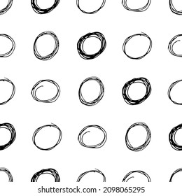 Seamless pattern with black sketch hand drawn brush scribble circles shape on white background. Abstract grunge texture. Vector illustration