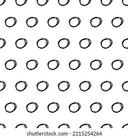 Seamless pattern with black sketch hand drawn brush scribble circles shape on white background. Abstract grunge texture. Vector illustration