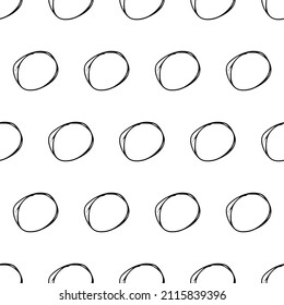 Seamless pattern with black sketch hand drawn brush scribble circles shape on white background. Abstract grunge texture. Vector illustration