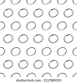 Seamless pattern with black sketch hand drawn brush scribble circles shape on white background. Abstract grunge texture. Vector illustration