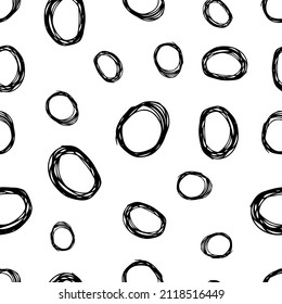 Seamless pattern with black sketch hand drawn brush scribble circles shape on white background. Abstract grunge texture. Vector illustration