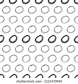 Seamless pattern with black sketch hand drawn brush scribble circles shape on white background. Abstract grunge texture. Vector illustration