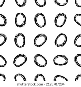 Seamless pattern with black sketch hand drawn brush scribble circles shape on white background. Abstract grunge texture. Vector illustration