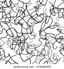 Seamless pattern with black sketch hand drawn squiggle shape on white background. Abstract grunge texture. Vector illustration
