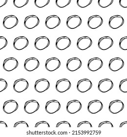 Seamless pattern with black sketch hand drawn brush scribble circles shape on white background. Abstract grunge texture. Vector illustration