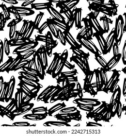 Seamless pattern with black sketch hand drawn brush scribble oval shape on white background. Abstract grunge texture. Vector illustration