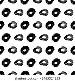 Seamless pattern with black sketch hand drawn brush scribble circles shape on white background. Abstract grunge texture. Vector illustration